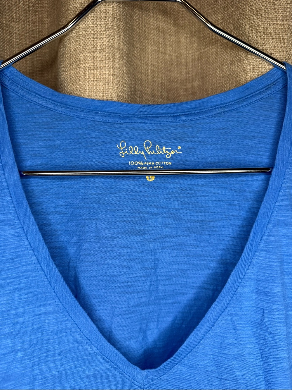 Lilly Pulitzer Blue Etta Pima Cotton V-Neck Palm Tree Logo Tee L - Picture 5 of 6